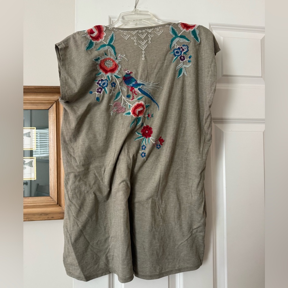 Johnny Was grayish greenEmbroidered V-Neck Blouse with Red & Teal Floral Accents - Picture 2 of 3